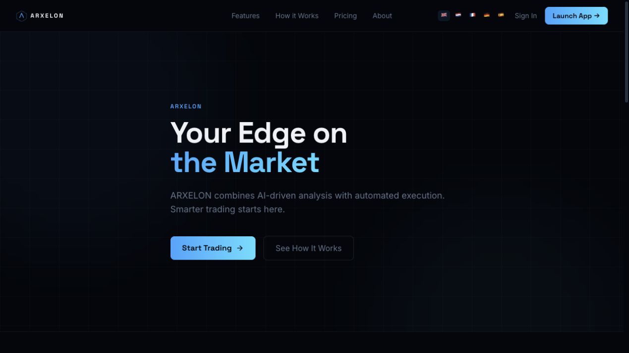 De live website van ARXELON met de productbelofte Your Edge on the Market